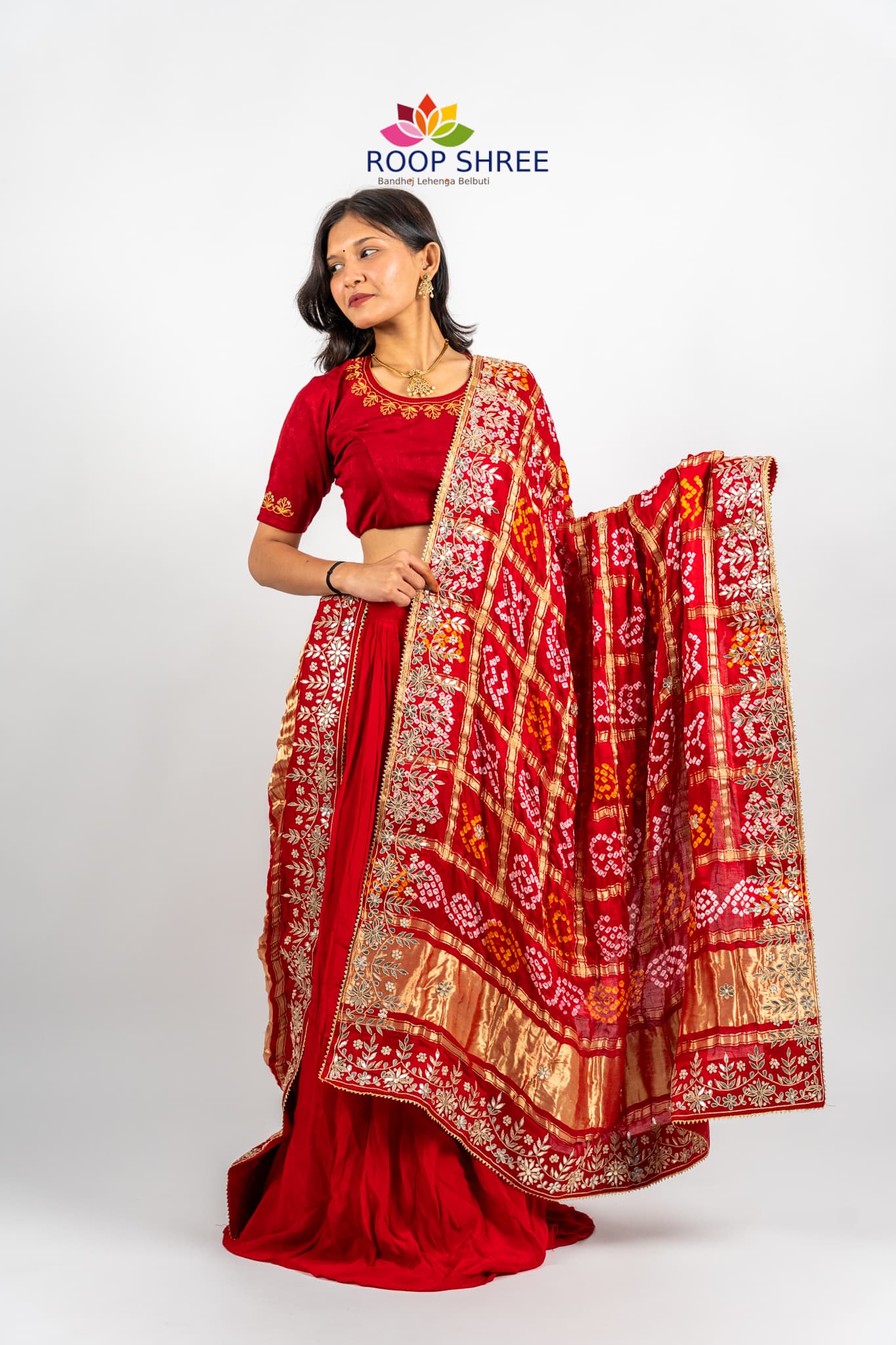 Vibrant Bandhani Gajji Silk Dupatta – Enhanced with Gota Patti & Zardozi Work