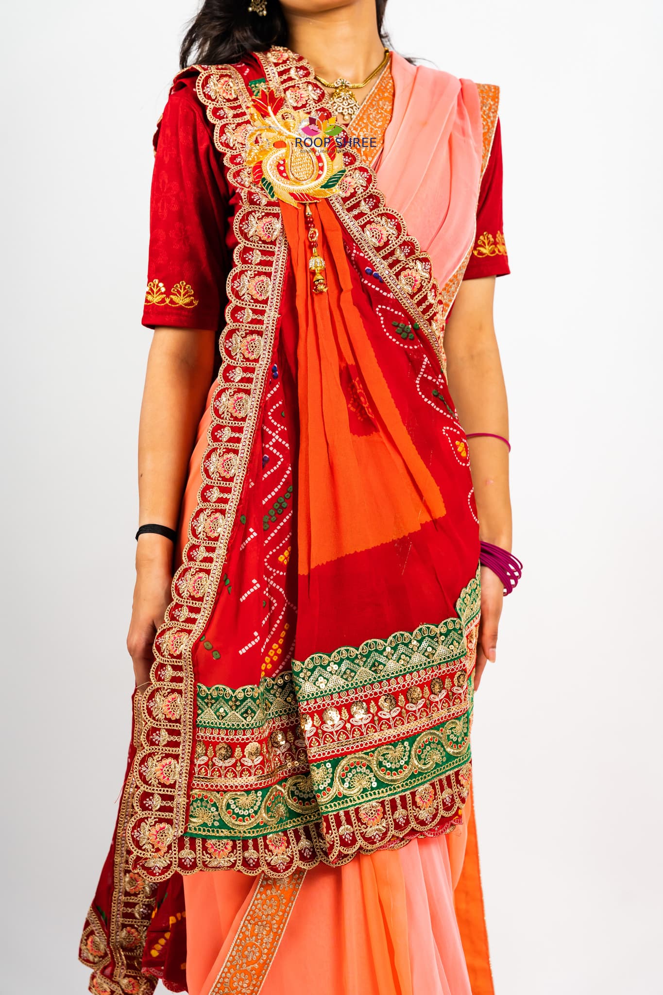 Traditional Peela Chunri Pomcha with elegant one-side brooch work.