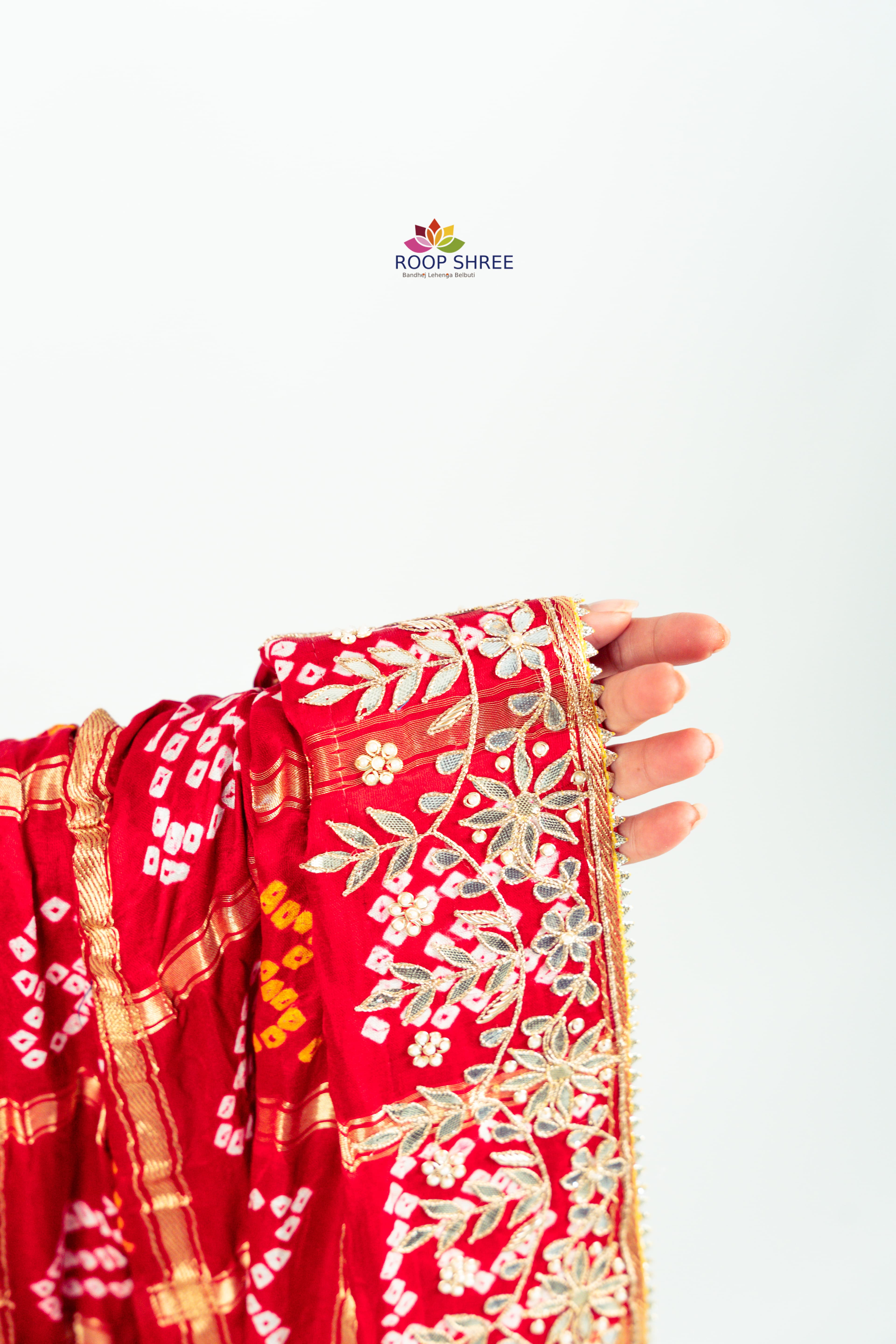 Vibrant Bandhani Gajji Silk Dupatta – Enhanced with Gota Patti & Zardozi Work