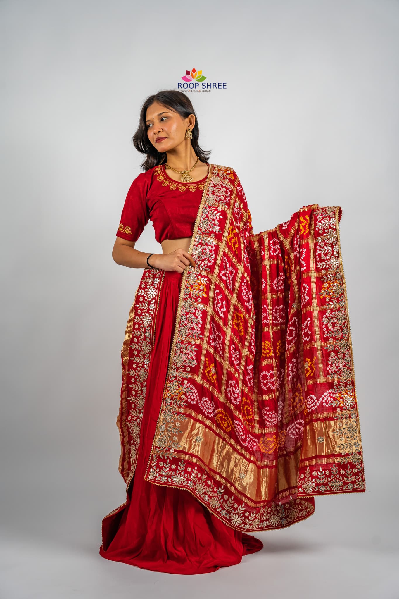 Vibrant Bandhani Gajji Silk Dupatta – Enhanced with Gota Patti & Zardozi Work