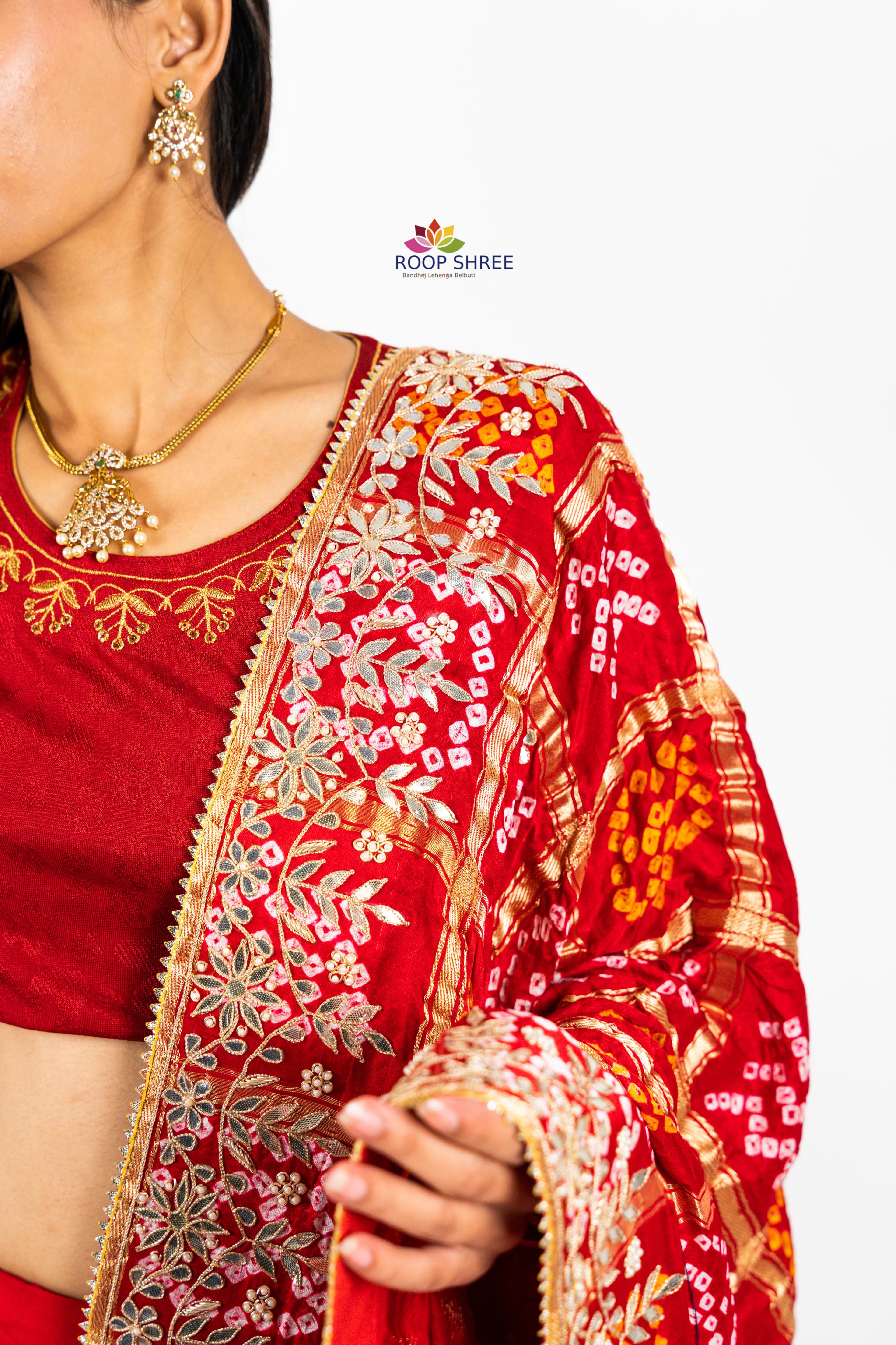 Vibrant Bandhani Gajji Silk Dupatta – Enhanced with Gota Patti & Zardozi Work