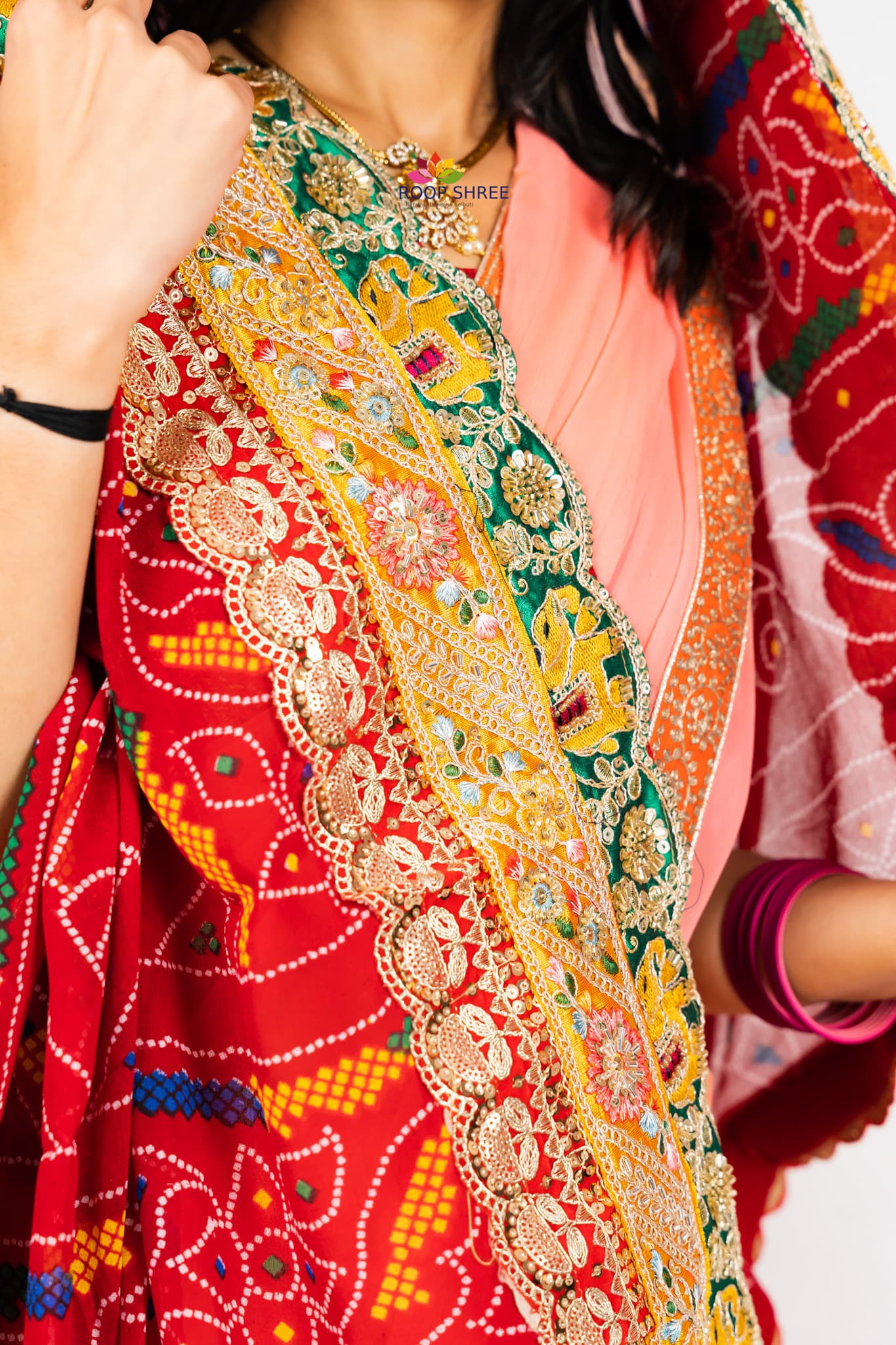 Georgette Chunri Print Dupatta With Yellow Lace