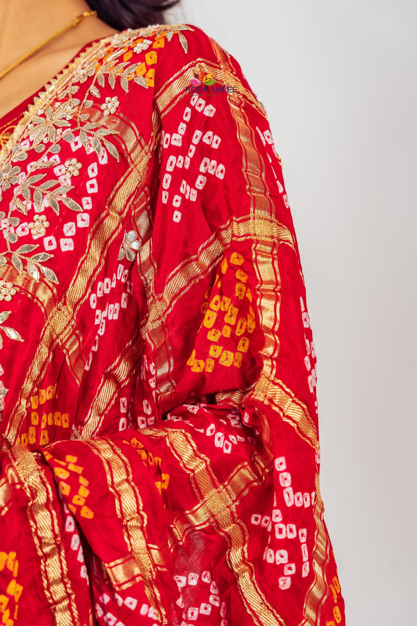 Vibrant Bandhani Gajji Silk Dupatta – Enhanced with Gota Patti & Zardozi Work